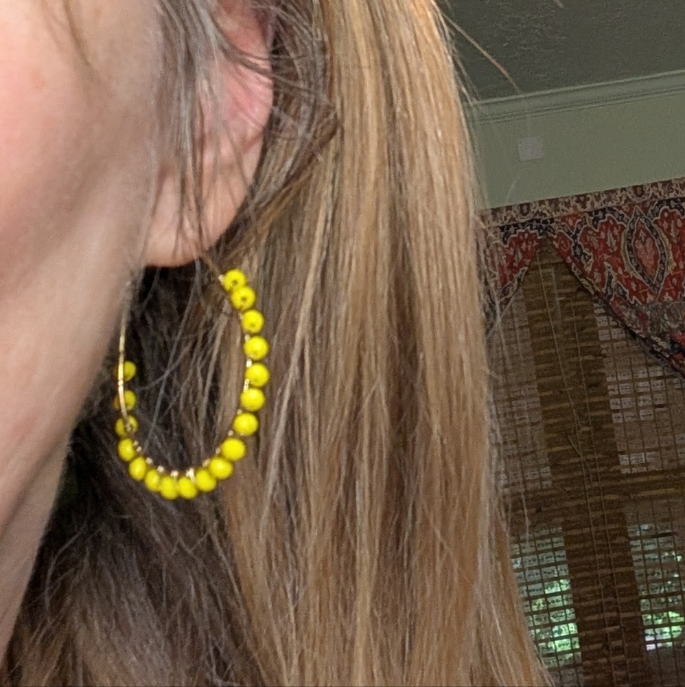 Women's Hand crafted genuine fauceted Tiny Yellow JADE beaded hoops,gold dipped